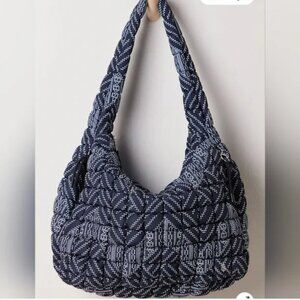 Free People NWT Movement Quilt Carryall Crossbody Shoulder Bag Blue White Color